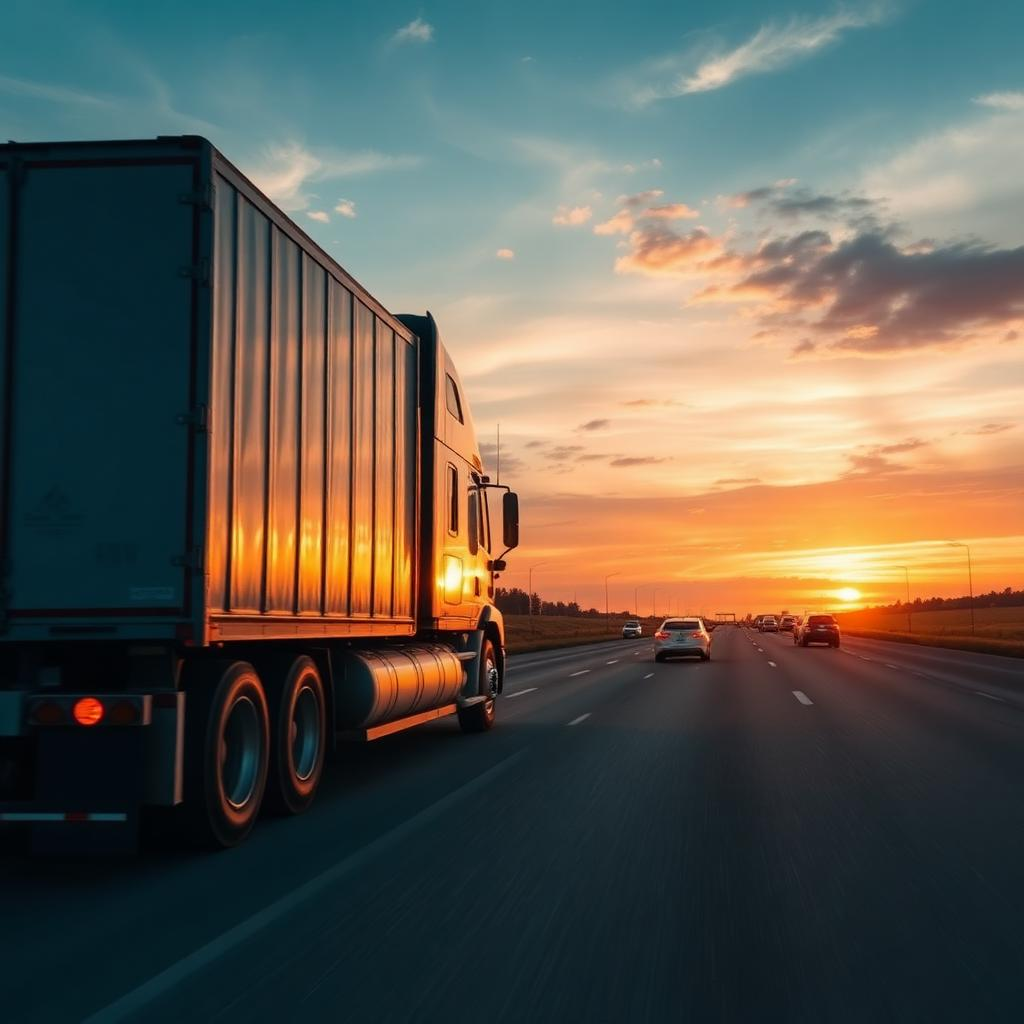 Semi-truck on highway at sunset